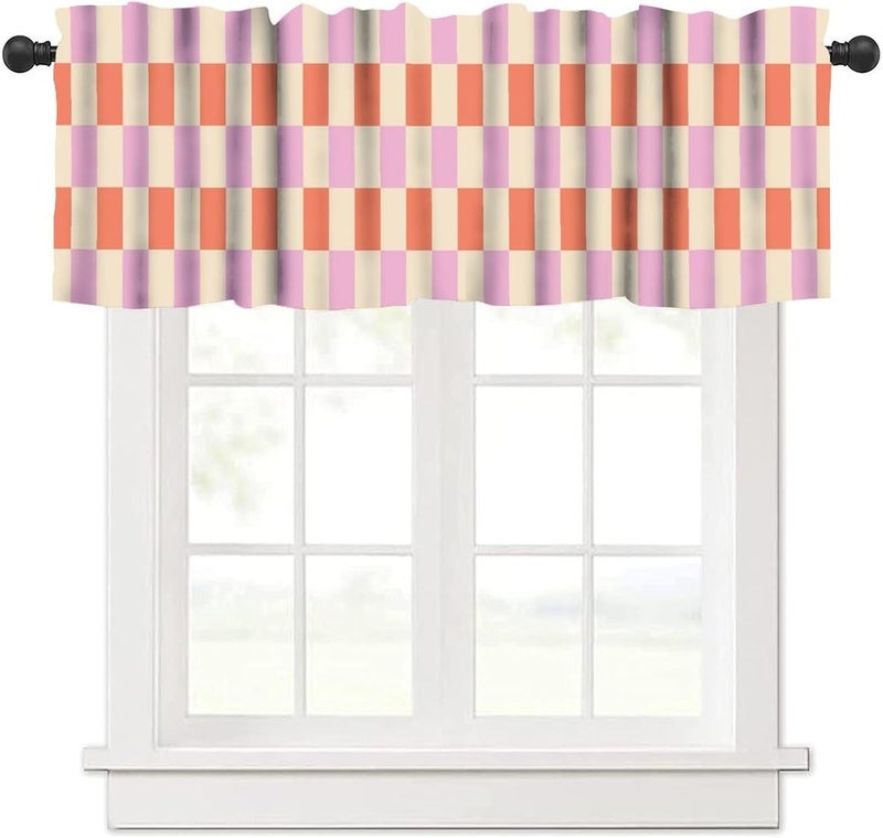 JanJCurt Retro Groovy Geometric Valance, Vintage Hippie 70s Abstract Pink Orange Striped Print Rod Pocket Blackout Short Window Curtain for Kitchen Kids Girls Bedroom, 54x18inch - Image 1